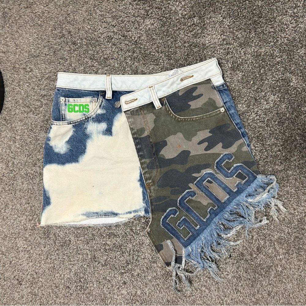 GCDS Denim and Camo Fringe Skirt